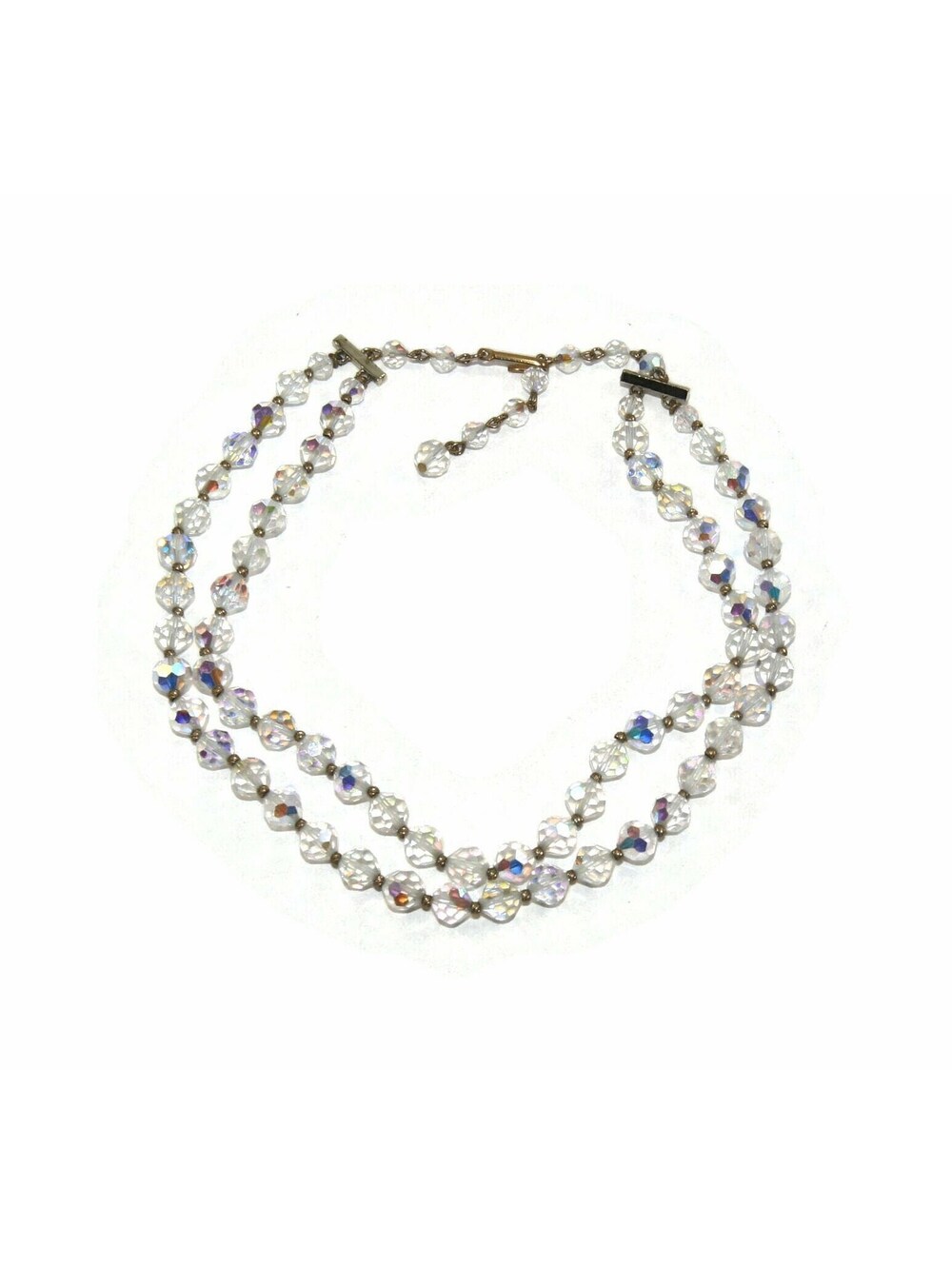 Vintage Gold Tone and AB Glass Beads 2 Strand 16 Inch Necklace with Hook Clasp.